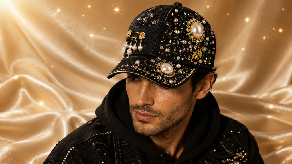A man wearing a black baseball cap heavily embellished with pearls, rhinestones, and gold-tone jewelry, paired with a black hoodie against a shimmering gold satin backdrop.