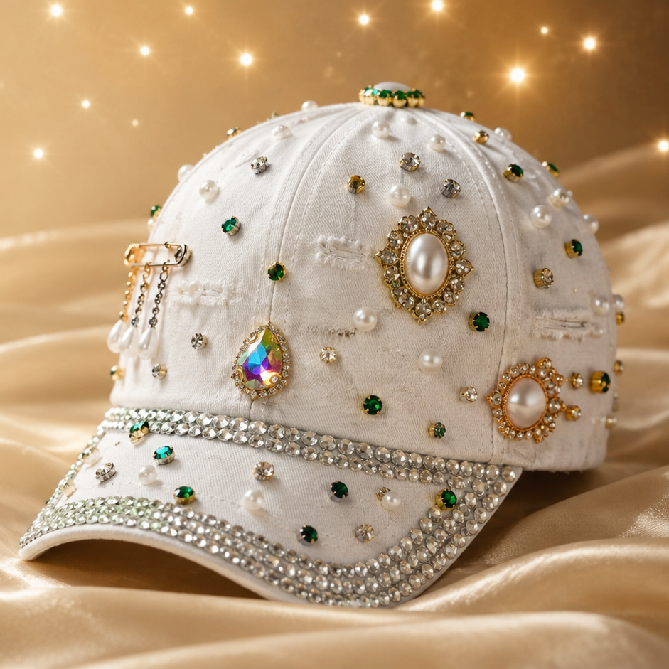 A white baseball cap heavily embellished with gold-tone jewelry-style charms, faux pearls, rhinestones, and green gem accents, resting on draped champagne satin fabric with a sparkling bokeh effect.